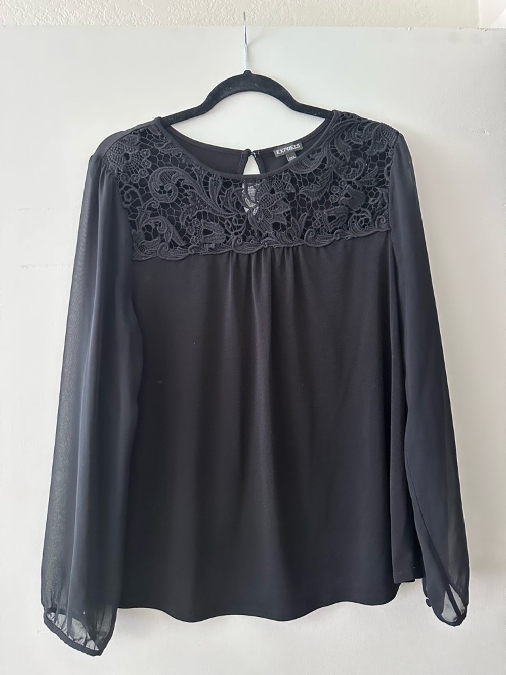 Express Black Lace Yoke Long-Sleeve Blouse